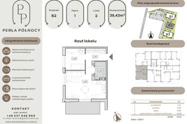 Rzut - Mieszkanie na sprzedaż 2 pokoje o powierzchni 39,43 m² - numer B2.1_2 w Perła Północy etap 2