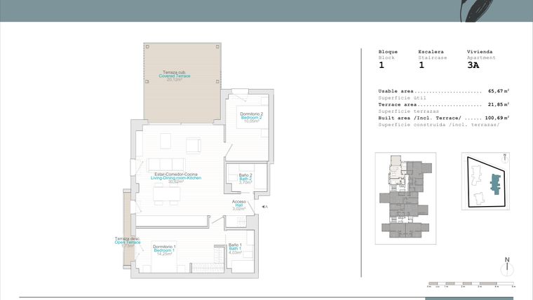 Rzut - Mieszkanie na sprzedaż 2 pokoje o powierzchni 65,67 m² - numer B1-3A w Talasa Celeus y Terra by Quadratia