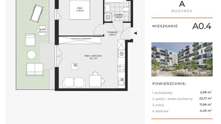 Rzut - Mieszkanie na sprzedaż 2 pokoje o powierzchni 41,6 m² - numer A0.4 w Enklawa Bukowa