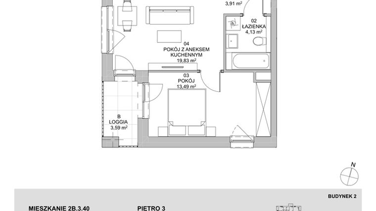 Rzut - Mieszkanie na sprzedaż 2 pokoje o powierzchni 41,36 m² - numer 2B.3.40 w Francuska Park VIIIA