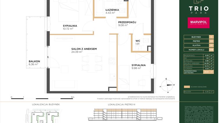 Rzut - Mieszkanie na sprzedaż 3 pokoje o powierzchni 60,51 m² - numer C038 w Trio Park bud. C