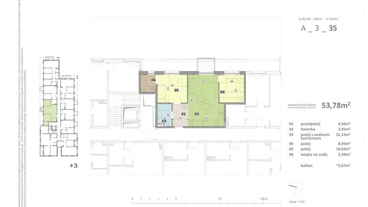 Rzut - Mieszkanie na sprzedaż 3 pokoje o powierzchni 53,78 m² - numer A.35 w Federowicza – Ruczaj Park