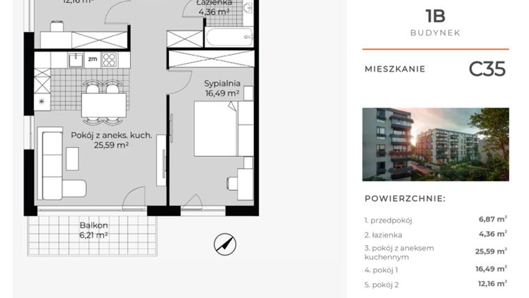 Rzut - Mieszkanie na sprzedaż 3 pokoje o powierzchni 65,46 m² - numer C35 w Na Koszutce