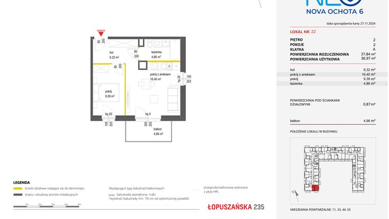 Rzut - Mieszkanie na sprzedaż 2 pokoje o powierzchni 40,11 m² - numer 22 w Neo Nova Ochota 6
