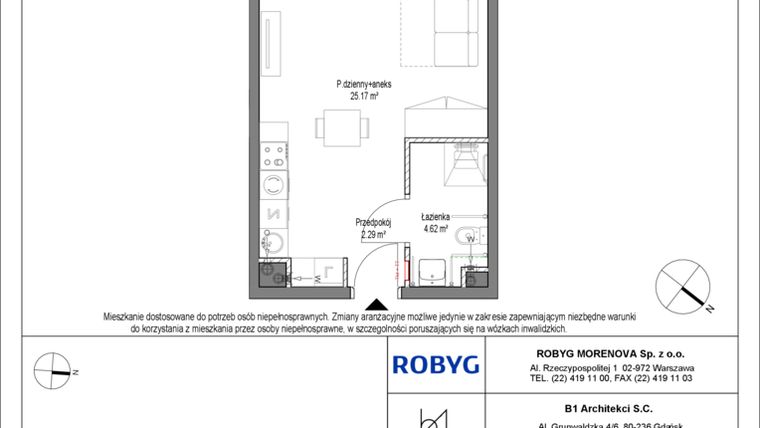 Rzut - Mieszkanie na sprzedaż 1 pokój o powierzchni 32,08 m² - numer B.1M02 w Leszczyńskich 2