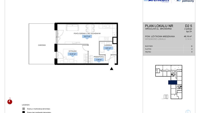Rzut - Mieszkanie na sprzedaż 2 pokoje o powierzchni 48,19 m² - numer D2.5 w Bulwar Północny