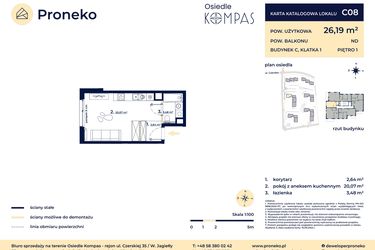 Rzut - Mieszkanie na sprzedaż 1 pokój o powierzchni 26,07 m² - numer C08 w Osiedle Kompas