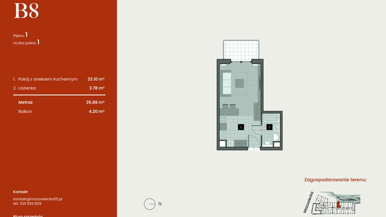 Rzut - Mieszkanie na sprzedaż 1 pokój o powierzchni 26,88 m² - numer B8 w Mazowiecka 115