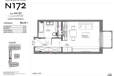Rzut - Mieszkanie na sprzedaż 1 pokój o powierzchni 30,19 m² - numer A4.02 w Naramowicka 172