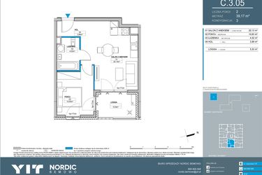Rzut - Mieszkanie na sprzedaż 2 pokoje o powierzchni 39,21 m² - numer C.3.05 w Nordic Bemowo - etap IV