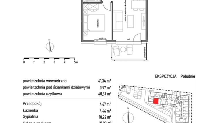 Rzut - Mieszkanie na sprzedaż 2 pokoje o powierzchni 41,34 m² - numer 1.3.4. w Dywizjonu 303