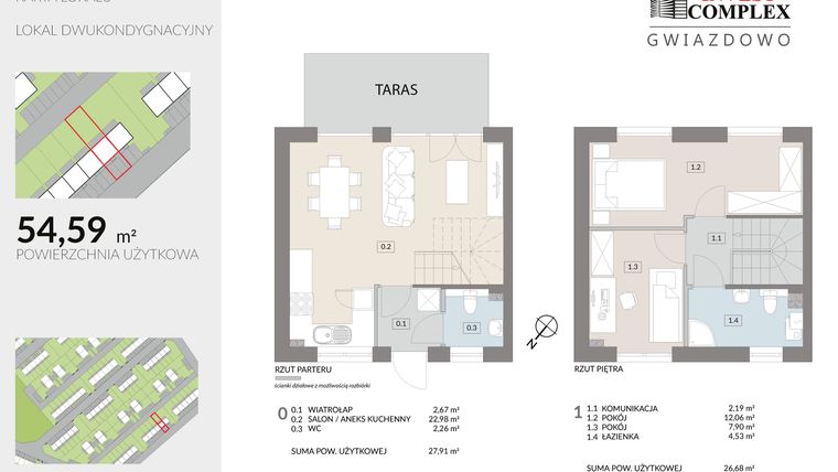 Rzut - Dom na sprzedaż 3 pokoje o powierzchni 54,59 m² - numer O16.1 w Osiedle Gwiazdowo etap 12