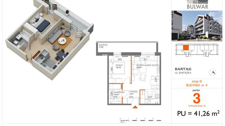 Rzut - Mieszkanie na sprzedaż 2 pokoje o powierzchni 41,26 m² - numer 3 w Osiedle Bulwar bud. 4
