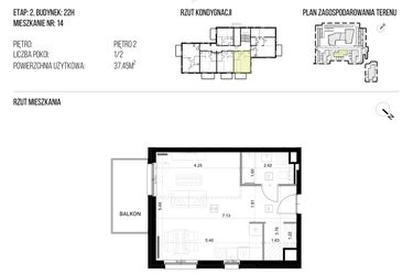 Rzut - Mieszkanie na sprzedaż 1 pokój o powierzchni 37,45 m² - numer 22H/14 w NATURAMA II