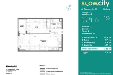 Rzut - Mieszkanie na sprzedaż 2 pokoje o powierzchni 45,88 m² - numer D2-27 w Slow City etap D