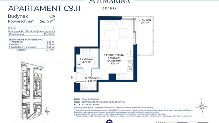 Rzut - Mieszkanie na sprzedaż 1 pokój o powierzchni 26,15 m² - numer C9.11 w Sol Marina etap III