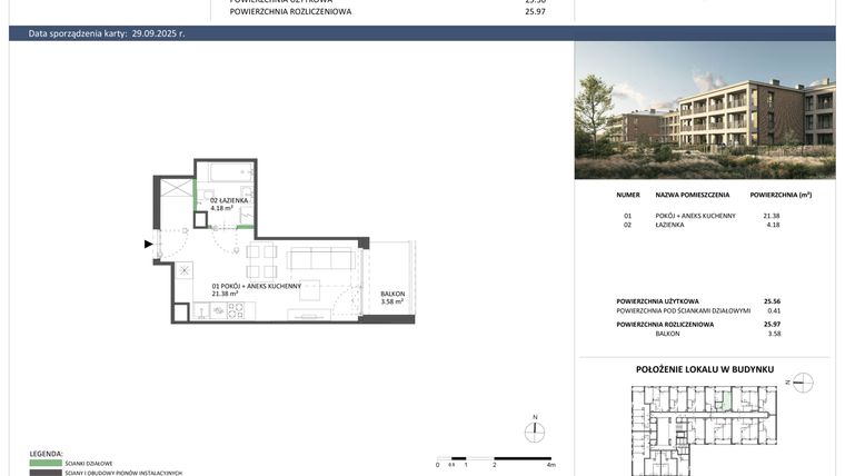 Rzut - Mieszkanie na sprzedaż 1 pokój o powierzchni 25,56 m² - numer B-22 w Hillence etap 2