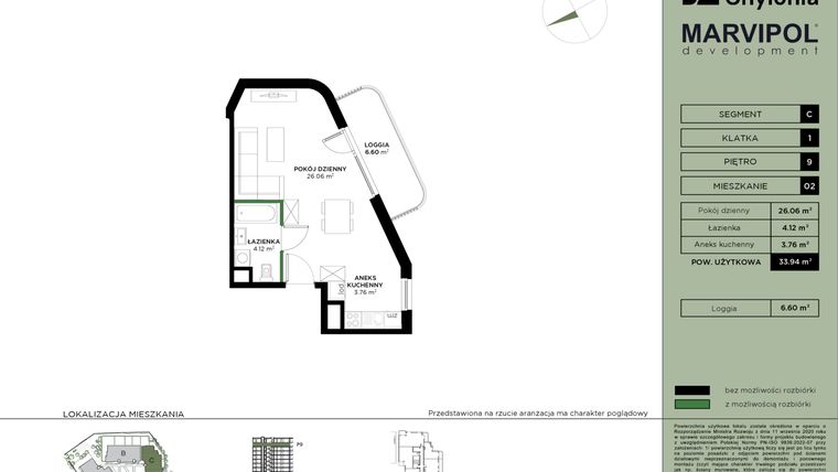 Rzut - Mieszkanie na sprzedaż 1 pokój o powierzchni 33,94 m² - numer C-9-02 w Nowa Chylonia