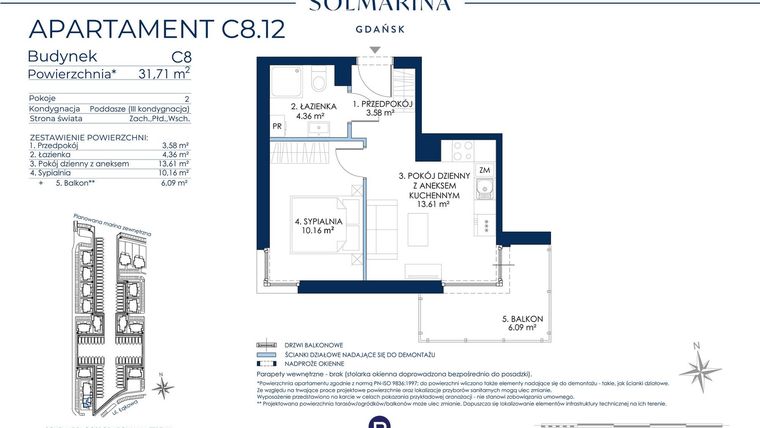 Rzut - Mieszkanie na sprzedaż 2 pokoje o powierzchni 31,71 m² - numer C8.12 w Sol Marina etap III