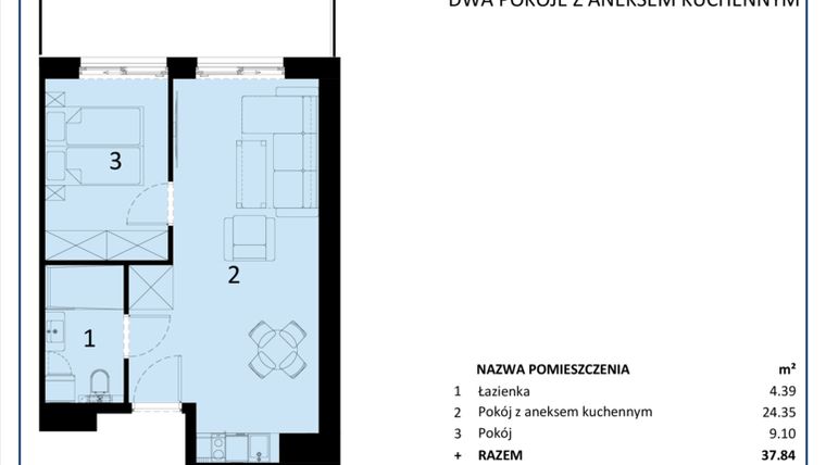 Rzut - Mieszkanie na sprzedaż 2 pokoje o powierzchni 37,85 m² - numer C.203 w Perłowa Przystań - Sianożęty - etap III