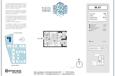 Rzut - Mieszkanie na sprzedaż 2 pokoje o powierzchni 36,54 m² - numer 47 w Piasta Towers bud. 90A