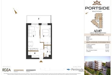 Rzut - Mieszkanie na sprzedaż 2 pokoje o powierzchni 39,48 m² - numer A3.07 w Portside Bałtycka