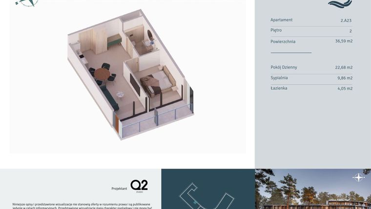 Rzut - Mieszkanie na sprzedaż 2 pokoje o powierzchni 36,59 m² - numer 2.A23 w Linea Mare - apartamenty inwestycyjne