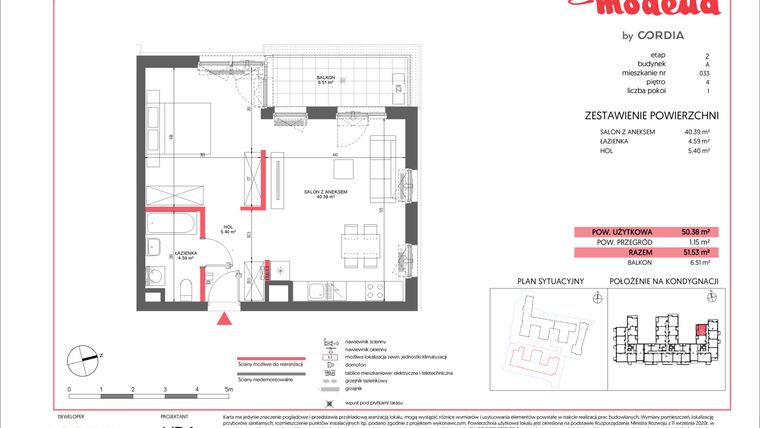 Rzut - Mieszkanie na sprzedaż 1 pokój o powierzchni 50,38 m² - numer A.033 w Modena II