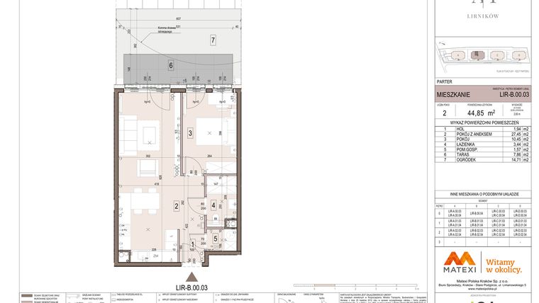 Rzut - Mieszkanie na sprzedaż 2 pokoje o powierzchni 44,85 m² - numer B.00.03 w Takt Lirników