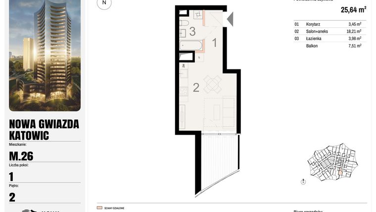 Rzut - Mieszkanie na sprzedaż 1 pokój o powierzchni 25,64 m² - numer M.26 w Nowa Gwiazda