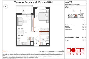 Rzut - Mieszkanie na sprzedaż 2 pokoje o powierzchni 40,51 m² - numer A-A090 w Warszawski Świt etap VII