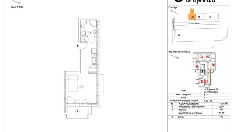 Rzut - Mieszkanie na sprzedaż 1 pokój o powierzchni 26,64 m² - numer M-37 w Apartamenty Grajewska