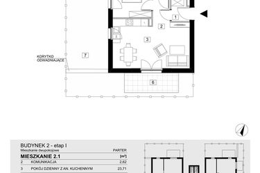 Rzut - Mieszkanie na sprzedaż 2 pokoje o powierzchni 43,36 m² - numer 2.1 w Jasieny