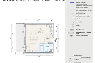 Rzut - Mieszkanie na sprzedaż 1 pokój o powierzchni 35,89 m² - numer D/9/3/1A w Modern Mokotów bud. F1 i F2