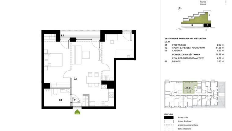 Rzut - Mieszkanie na sprzedaż 1 pokój o powierzchni 59,21 m² - numer A.5.11 w Kozielska Park