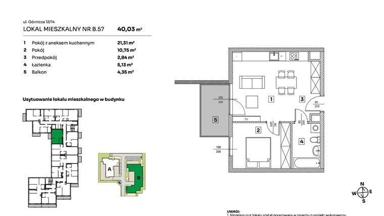 Rzut - Mieszkanie na sprzedaż 2 pokoje o powierzchni 40,03 m² - numer B.57 w Parkove Love