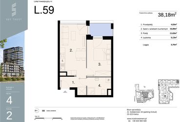 Rzut - Mieszkanie na sprzedaż 2 pokoje o powierzchni 38,18 m² - numer L59 w Sky Trust etap II - apartamenty inwestycyjne 23% VAT PRS