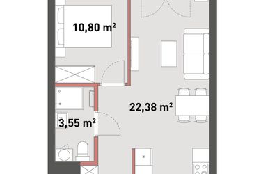 Rzut - Mieszkanie na sprzedaż 2 pokoje o powierzchni 40,34 m² - numer A.01.09 w Żelazna 54