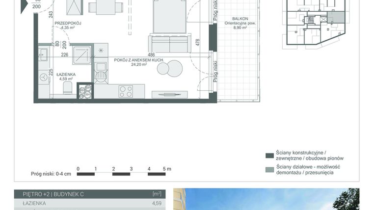 Rzut - Mieszkanie na sprzedaż 1 pokój o powierzchni 33,14 m² - numer 17 w Unikat Apartamenty C