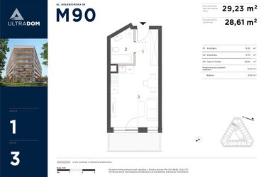 Rzut - Mieszkanie na sprzedaż 1 pokój o powierzchni 29,23 m² - numer M090 w Ultradom