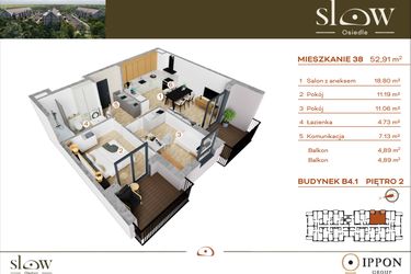 Rzut - Mieszkanie na sprzedaż 3 pokoje o powierzchni 52,91 m² - numer M38 w Osiedle SLOW