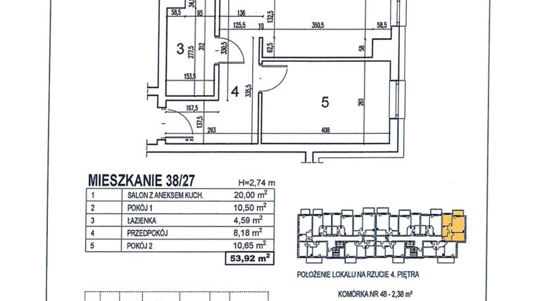 Rzut - Mieszkanie na sprzedaż 3 pokoje o powierzchni 53,92 m² - numer 38/27 w Osiedle Jodłowa bud. D