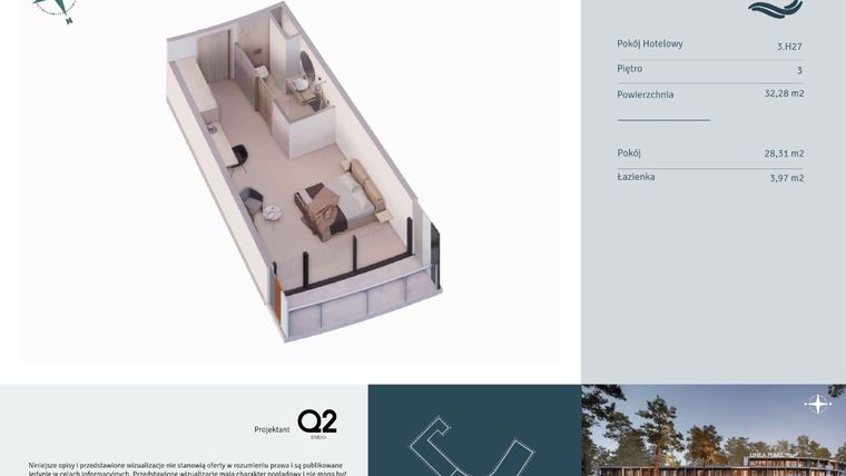 Rzut - Mieszkanie na sprzedaż 1 pokój o powierzchni 32,28 m² - numer 3.H27 w Linea Mare - apartamenty inwestycyjne