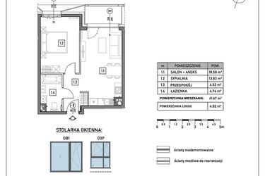 Rzut - Mieszkanie na sprzedaż 2 pokoje o powierzchni 41,67 m² - numer A.4.1 w GreenLine