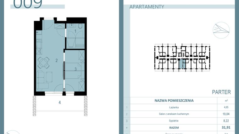 Rzut - Mieszkanie na sprzedaż 1 pokój o powierzchni 32,15 m² - numer 009 w Linea Mare Mrzeżyno