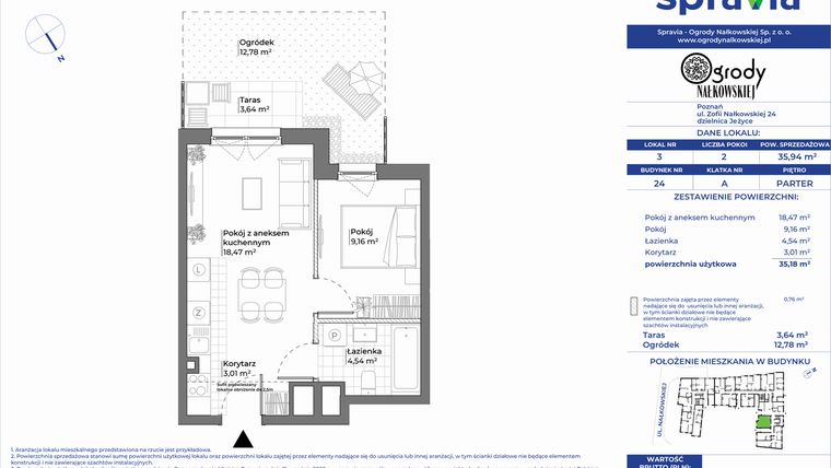 Rzut - Mieszkanie na sprzedaż 2 pokoje o powierzchni 35,94 m² - numer 24/3 w Ogrody Nałkowskiej