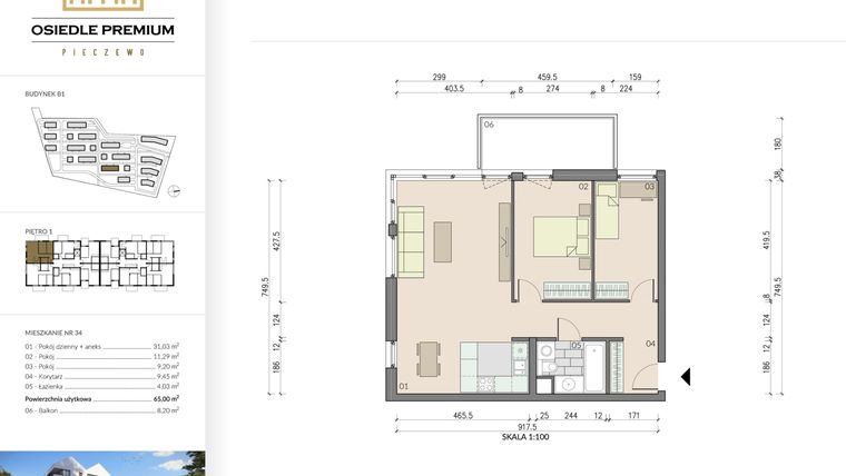 Rzut - Mieszkanie na sprzedaż 3 pokoje o powierzchni 65 m² - numer B1.34 w Osiedle Premium etap IV