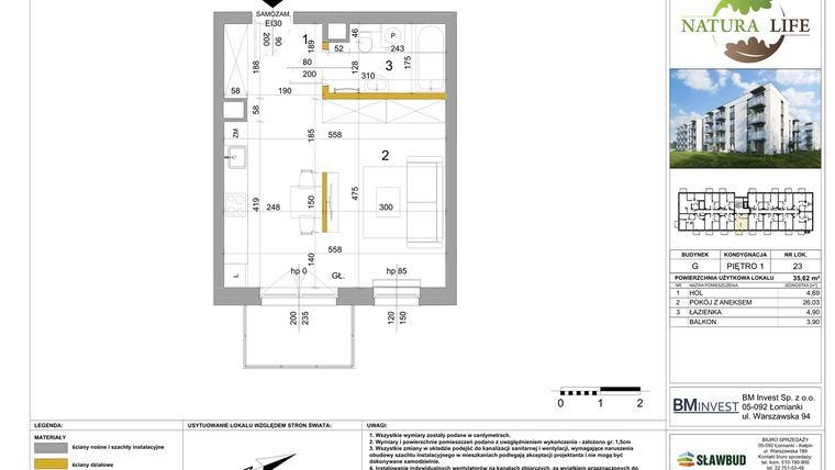 Rzut - Mieszkanie na sprzedaż 1 pokój o powierzchni 35,68 m² - numer G.23 w Osiedle Natura Life budynki GHI