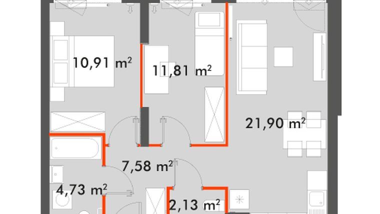Rzut - Mieszkanie na sprzedaż 3 pokoje o powierzchni 59,06 m² - numer F1.C.01.10 w Splot Wola