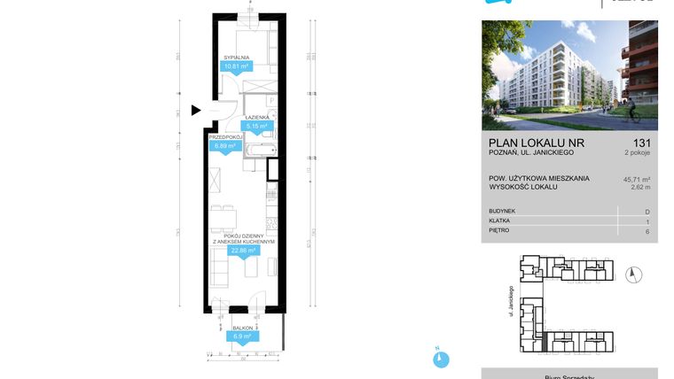 Rzut - Mieszkanie na sprzedaż 2 pokoje o powierzchni 45,71 m² - numer CDEF.131 w Wieża Jeżyce etap II